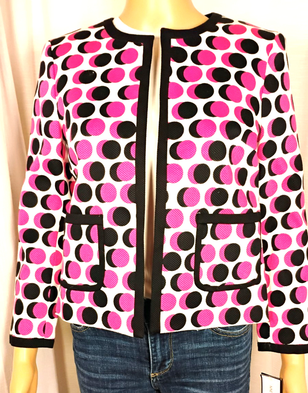 NWT Nine West Open Front Pique Jacket Polka Dot Cropped Cotton Mod Chic